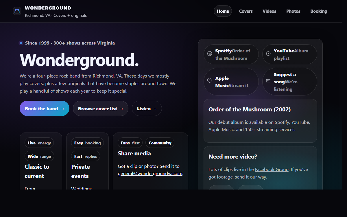 Screenshot of the Wonderground band site homepage.
